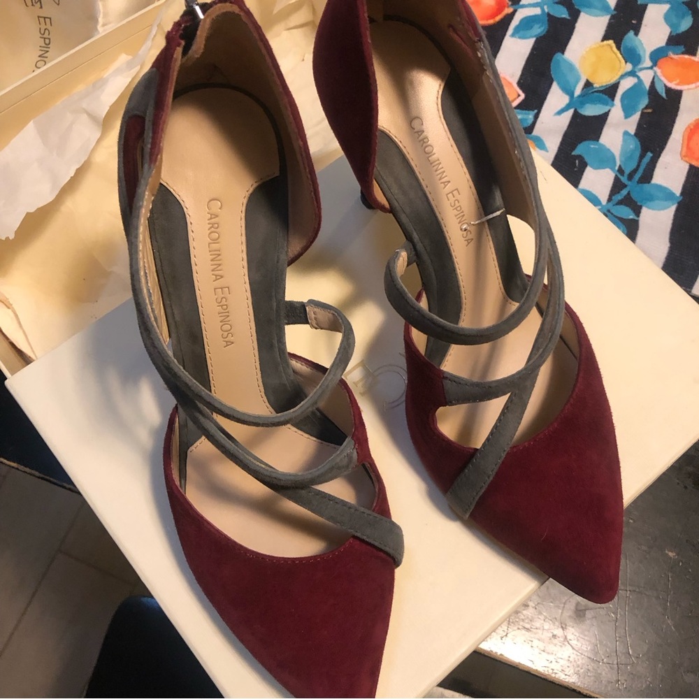 Carolinna Espinosa suede burgundy heels with gray accents. Original box/dust bag